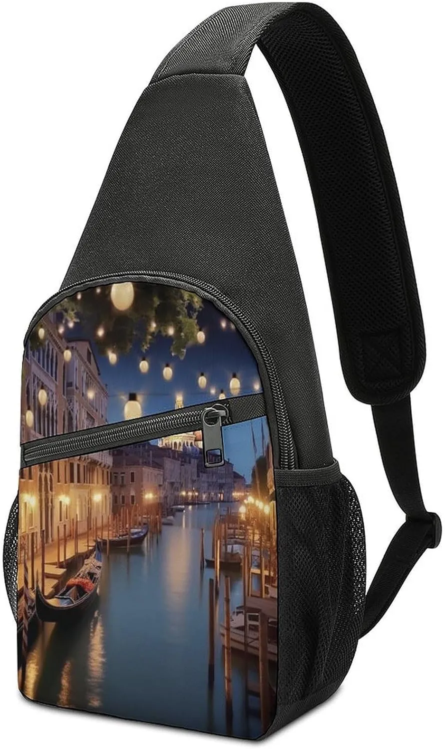 Small Sling Chest Bag Crossbody Bag for Men Women,Beautiful Venice at Night Lightweight Gym Daypack for Travel Cycling Hiking