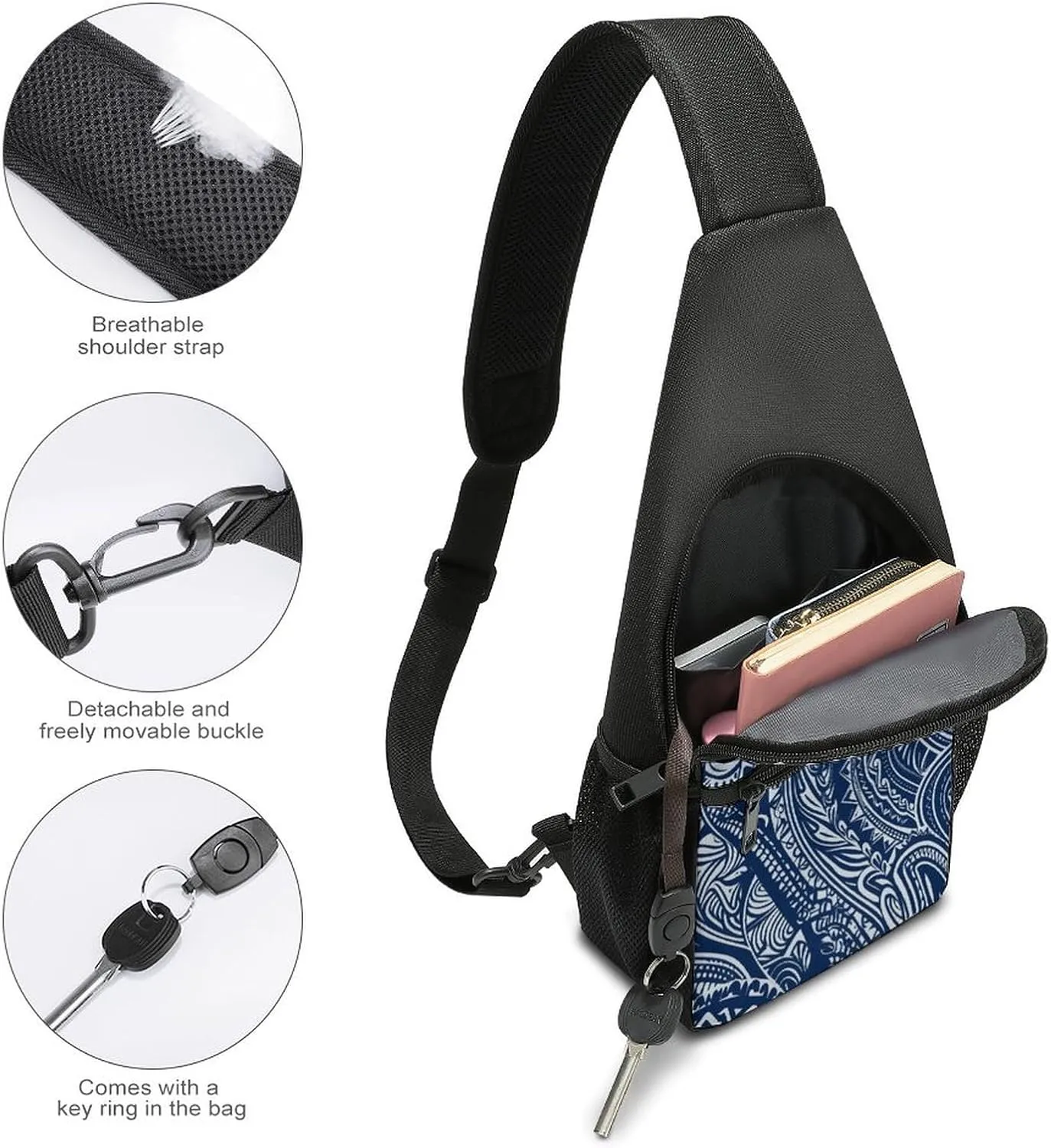 Small Sling Chest Bag Crossbody Bag for Men Women,Blue Polynesian Maori Tribal Pattern Lightweight Gym Daypack for Travel Cycling Hiking