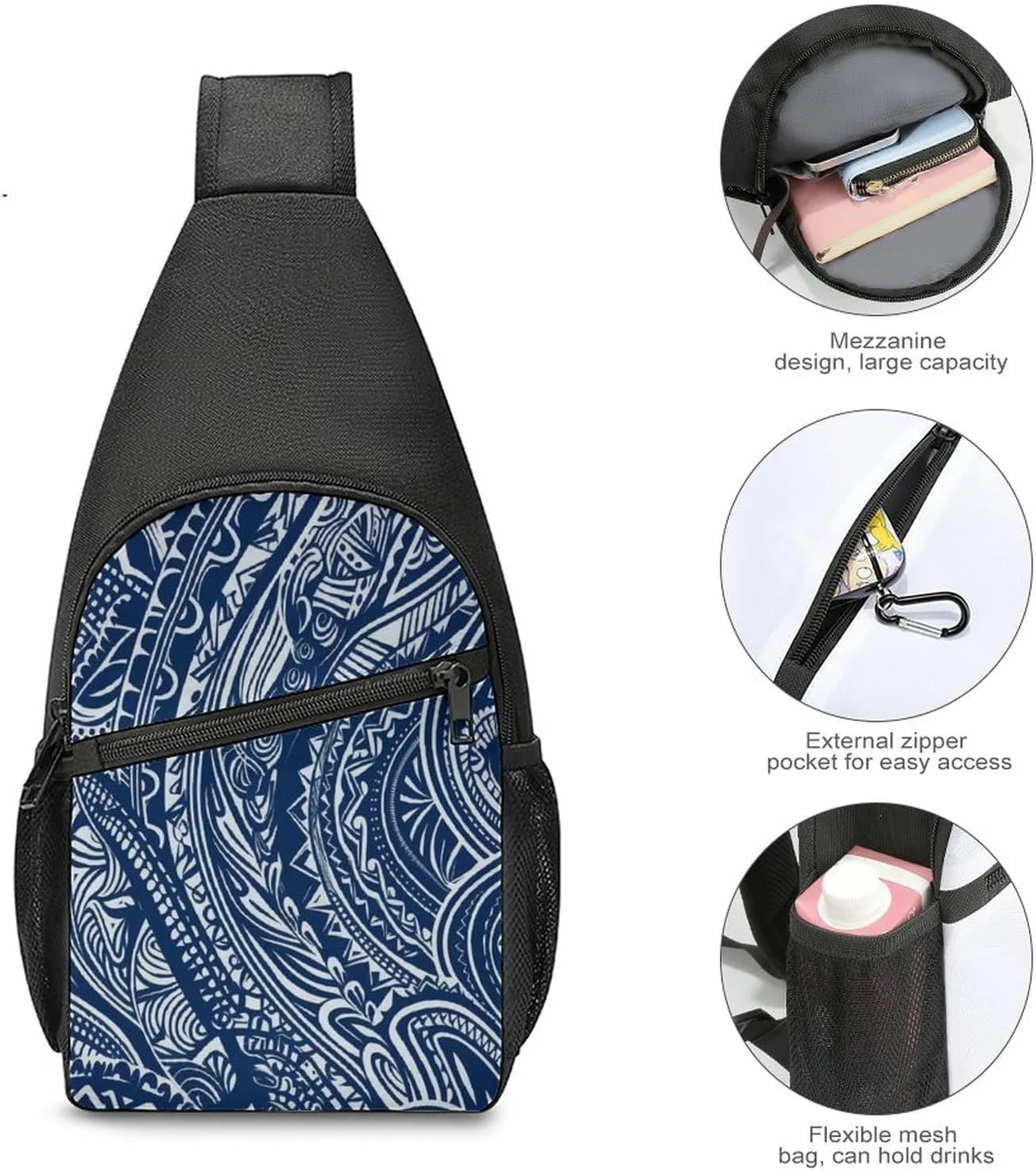 Small Sling Chest Bag Crossbody Bag for Men Women,Blue Polynesian Maori Tribal Pattern Lightweight Gym Daypack for Travel Cycling Hiking