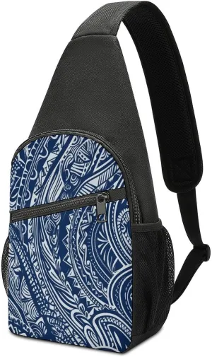 Small Sling Chest Bag Crossbody Bag for Men Women,Blue Polynesian Maori Tribal Pattern Lightweight Gym Daypack for Travel Cycling Hiking