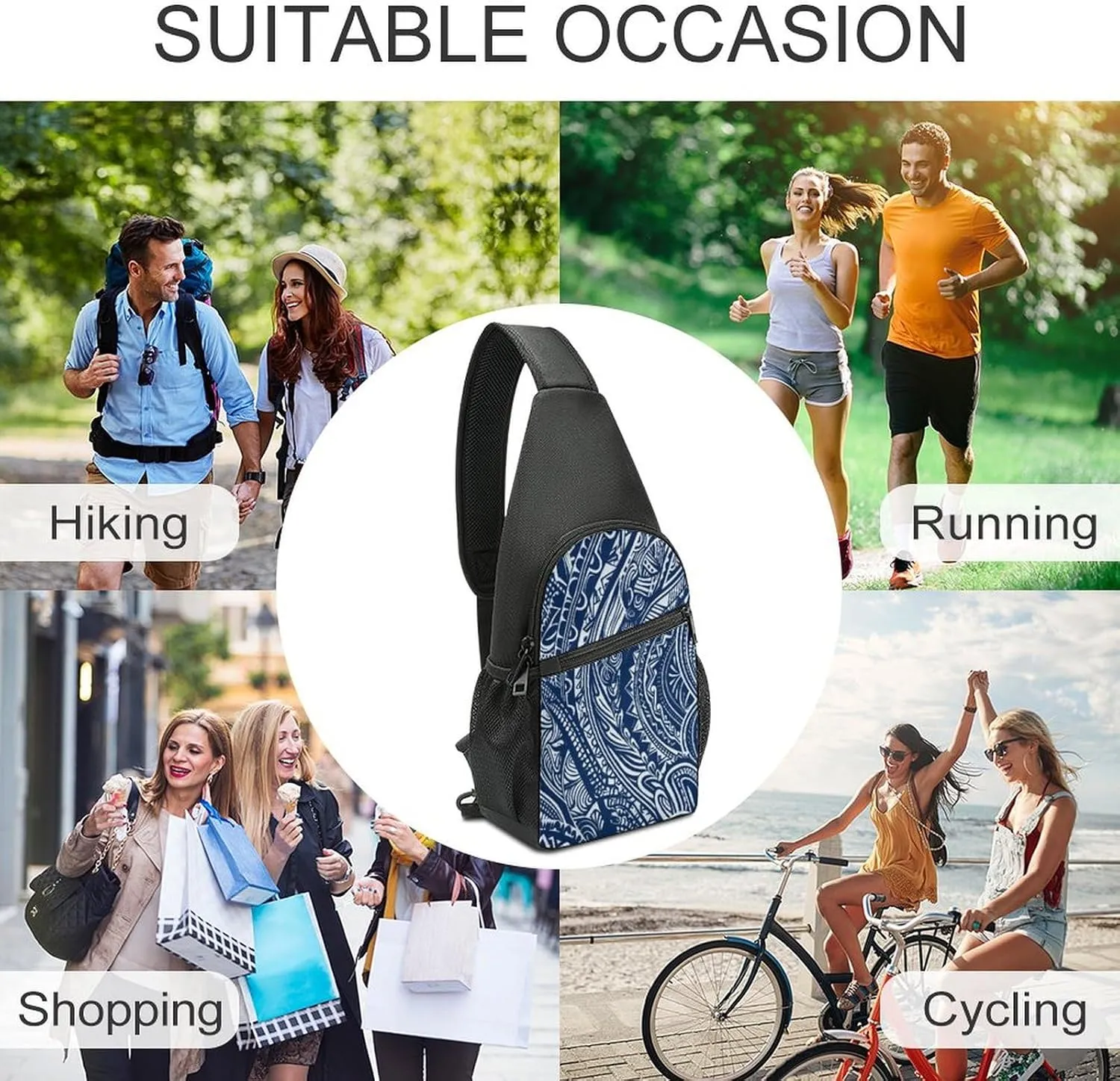 Small Sling Chest Bag Crossbody Bag for Men Women,Blue Polynesian Maori Tribal Pattern Lightweight Gym Daypack for Travel Cycling Hiking
