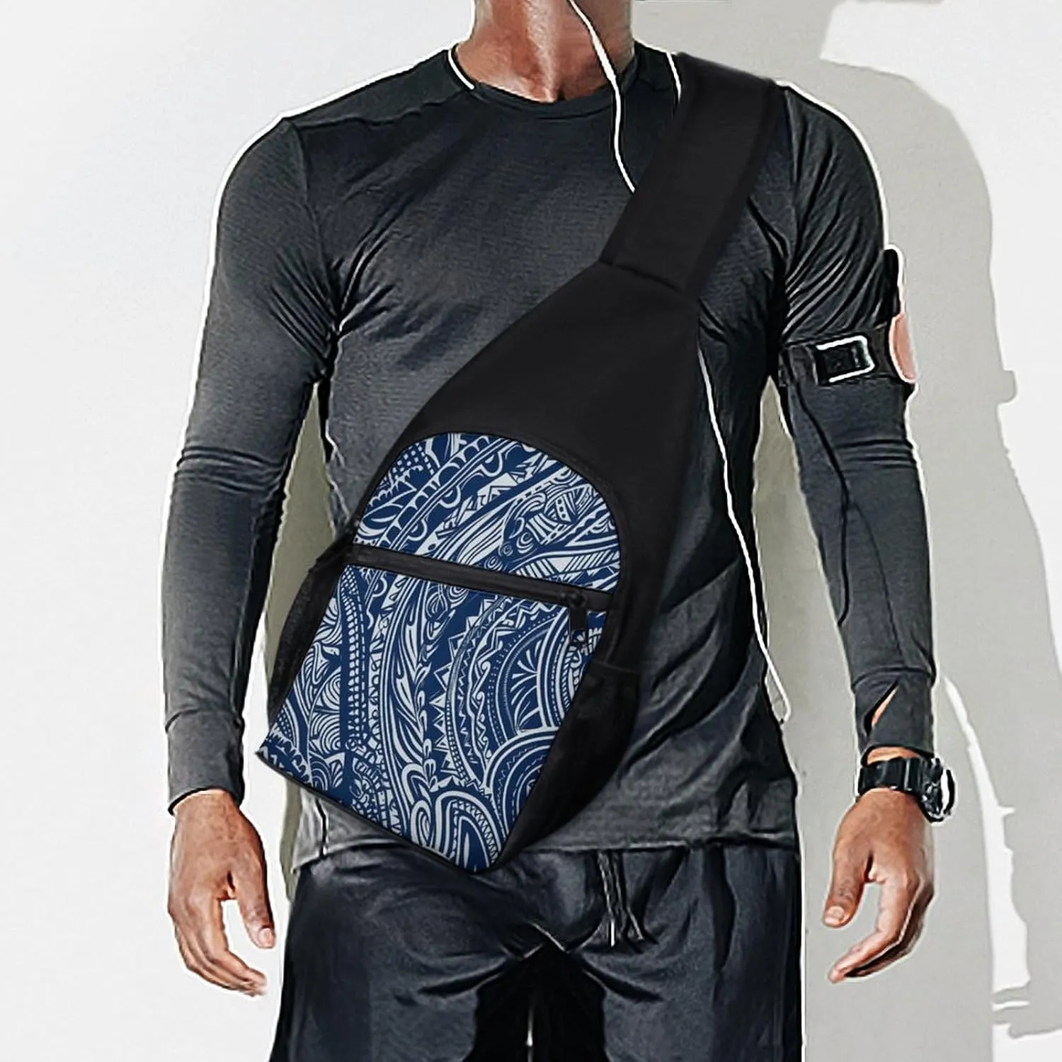 Small Sling Chest Bag Crossbody Bag for Men Women,Blue Polynesian Maori Tribal Pattern Lightweight Gym Daypack for Travel Cycling Hiking