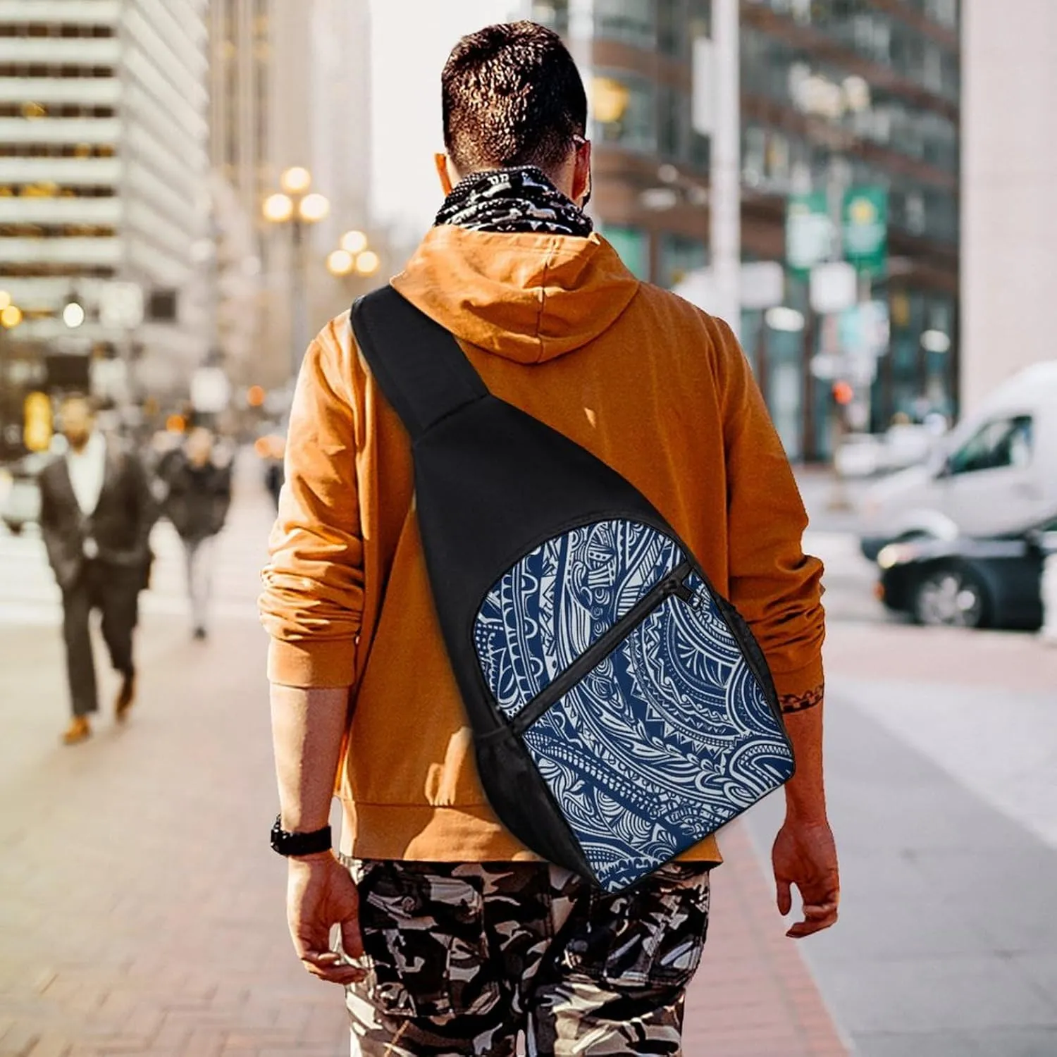 Small Sling Chest Bag Crossbody Bag for Men Women,Blue Polynesian Maori Tribal Pattern Lightweight Gym Daypack for Travel Cycling Hiking