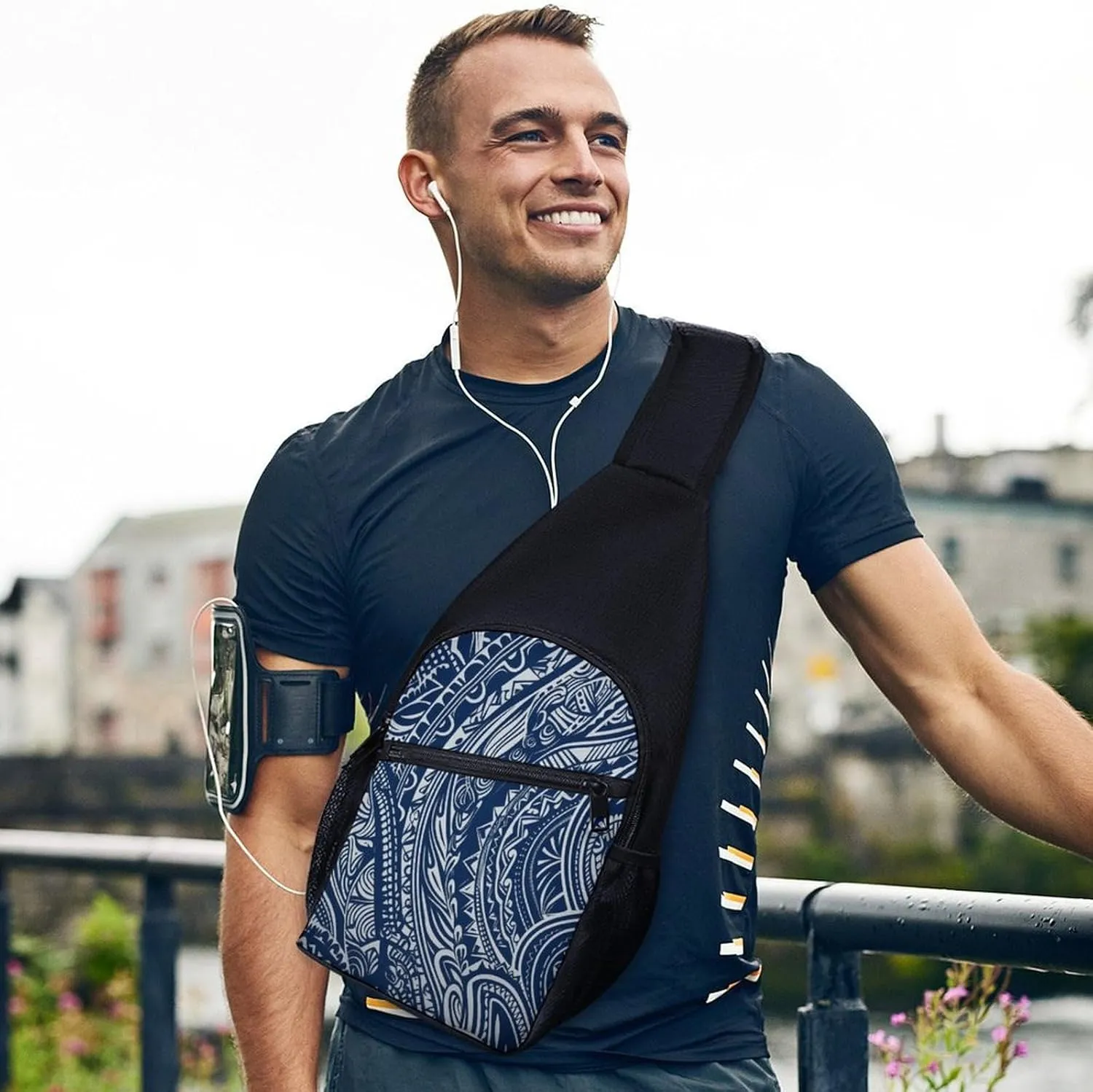Small Sling Chest Bag Crossbody Bag for Men Women,Blue Polynesian Maori Tribal Pattern Lightweight Gym Daypack for Travel Cycling Hiking