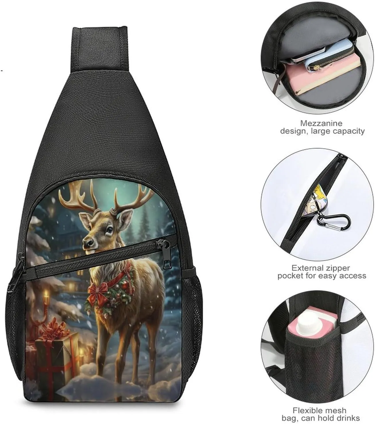 Small Sling Chest Bag Crossbody Bag for Men Women,Christmas Gift Reindeer Lightweight Gym Daypack for Travel Cycling Hiking
