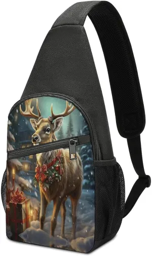 Small Sling Chest Bag Crossbody Bag for Men Women,Christmas Gift Reindeer Lightweight Gym Daypack for Travel Cycling Hiking