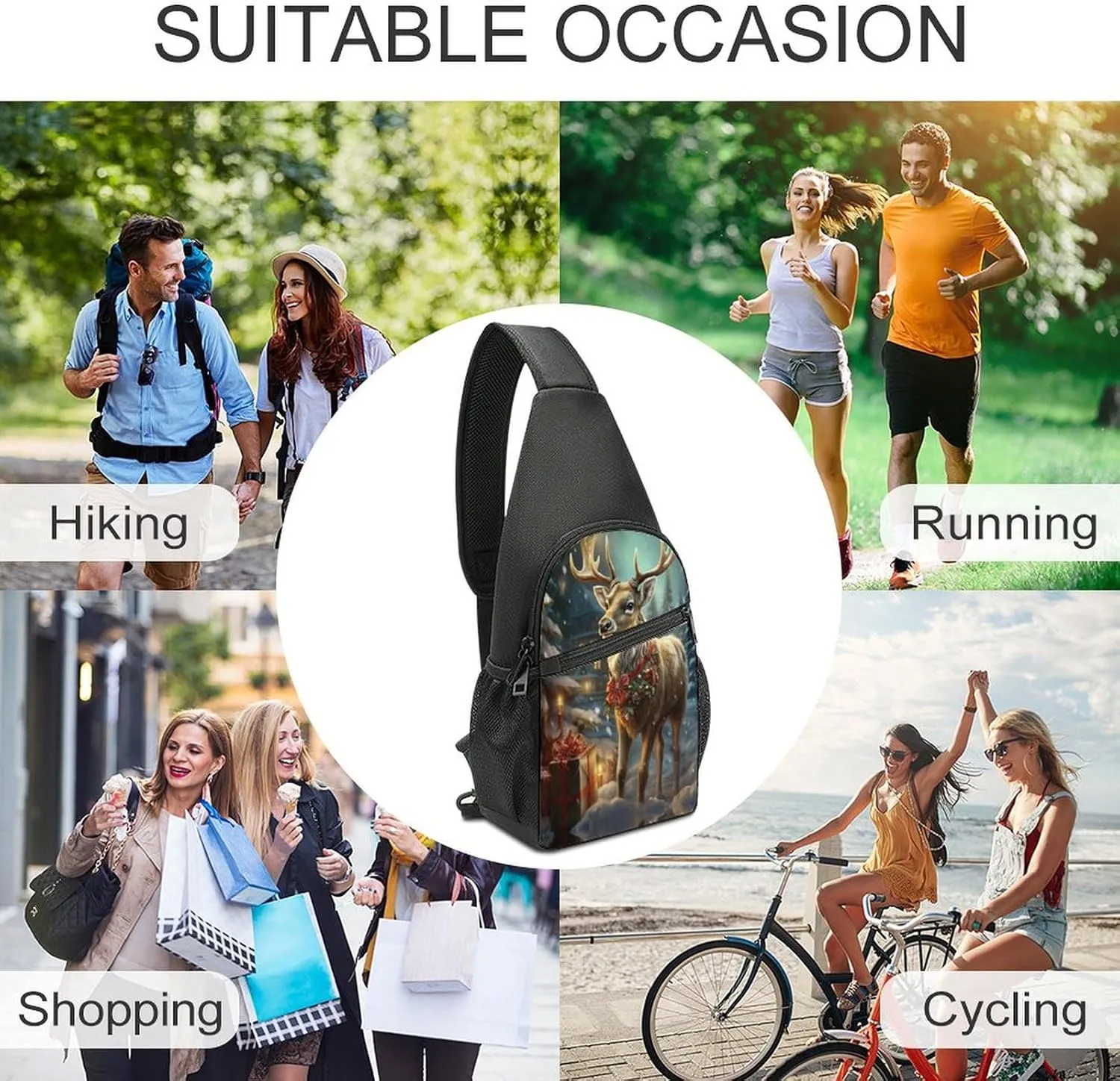 Small Sling Chest Bag Crossbody Bag for Men Women,Christmas Gift Reindeer Lightweight Gym Daypack for Travel Cycling Hiking