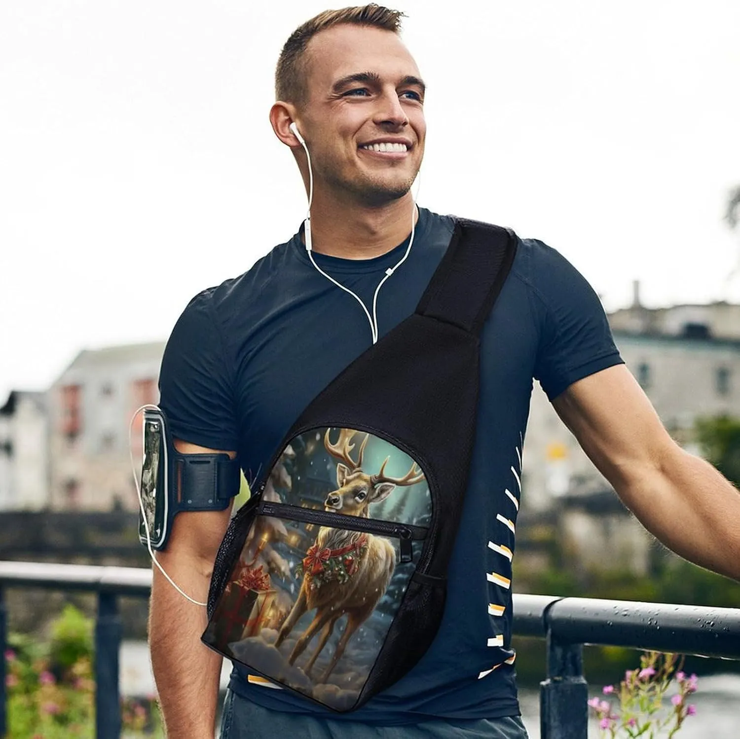Small Sling Chest Bag Crossbody Bag for Men Women,Christmas Gift Reindeer Lightweight Gym Daypack for Travel Cycling Hiking