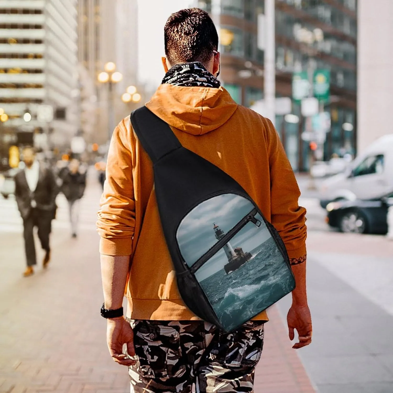 Small Sling Chest Bag Crossbody Bag for Men Women,Lighthouse Ocean Lightweight Gym Daypack for Travel Cycling Hiking