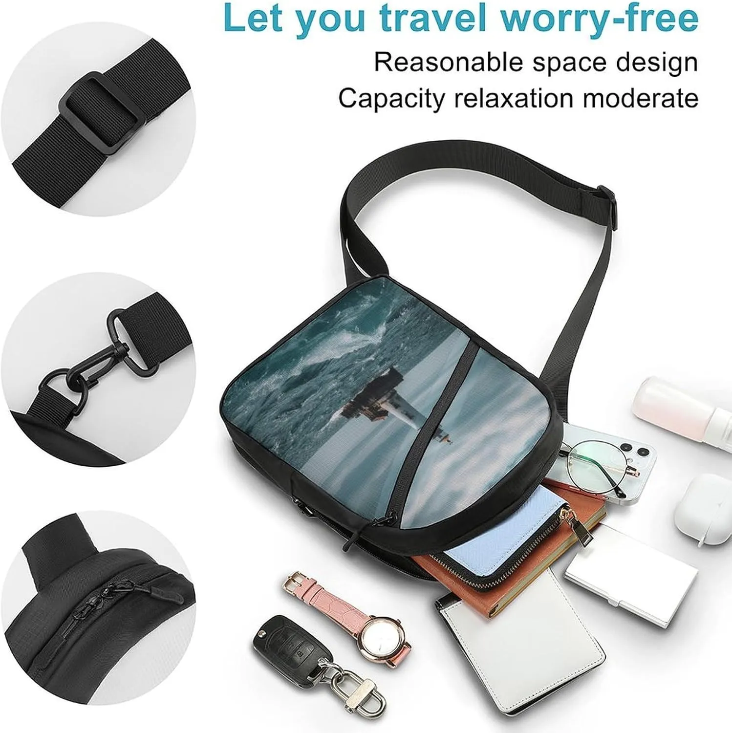 Small Sling Chest Bag Crossbody Bag for Men Women,Lighthouse Ocean Lightweight Gym Daypack for Travel Cycling Hiking