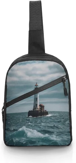 Small Sling Chest Bag Crossbody Bag for Men Women,Lighthouse Ocean Lightweight Gym Daypack for Travel Cycling Hiking