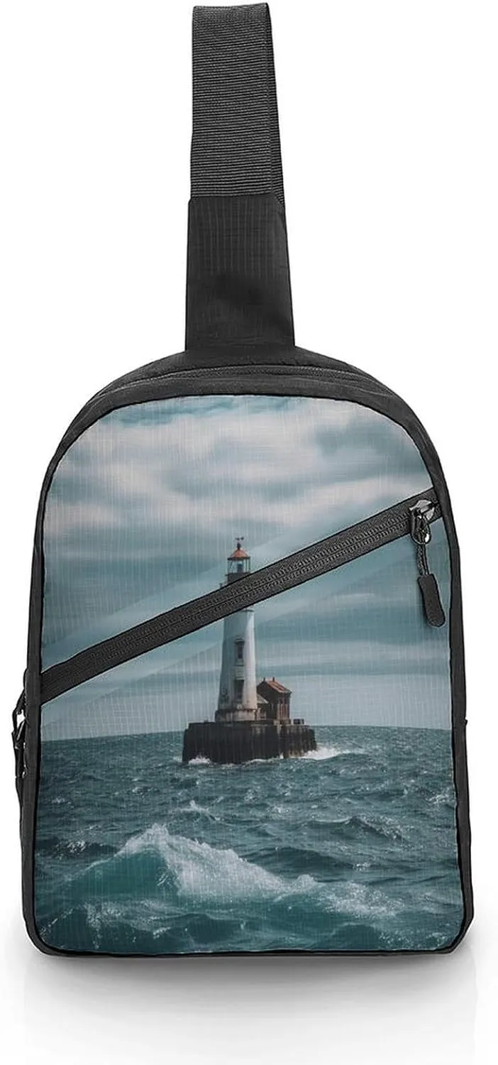Small Sling Chest Bag Crossbody Bag for Men Women,Lighthouse Ocean Lightweight Gym Daypack for Travel Cycling Hiking