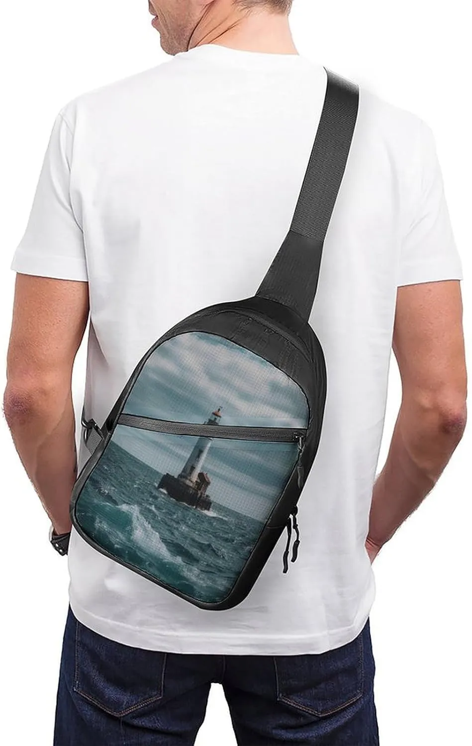 Small Sling Chest Bag Crossbody Bag for Men Women,Lighthouse Ocean Lightweight Gym Daypack for Travel Cycling Hiking