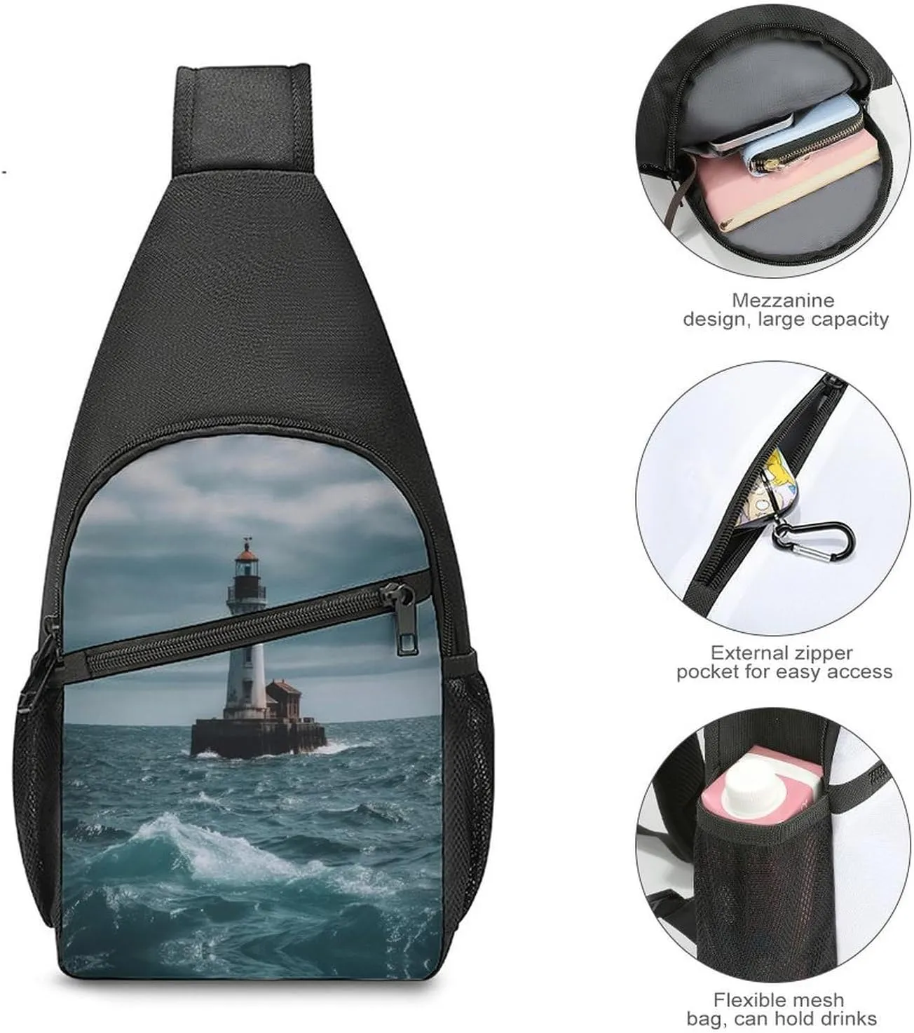Small Sling Chest Bag Crossbody Bag for Men Women,Lighthouse Ocean Lightweight Gym Daypack for Travel Cycling Hiking