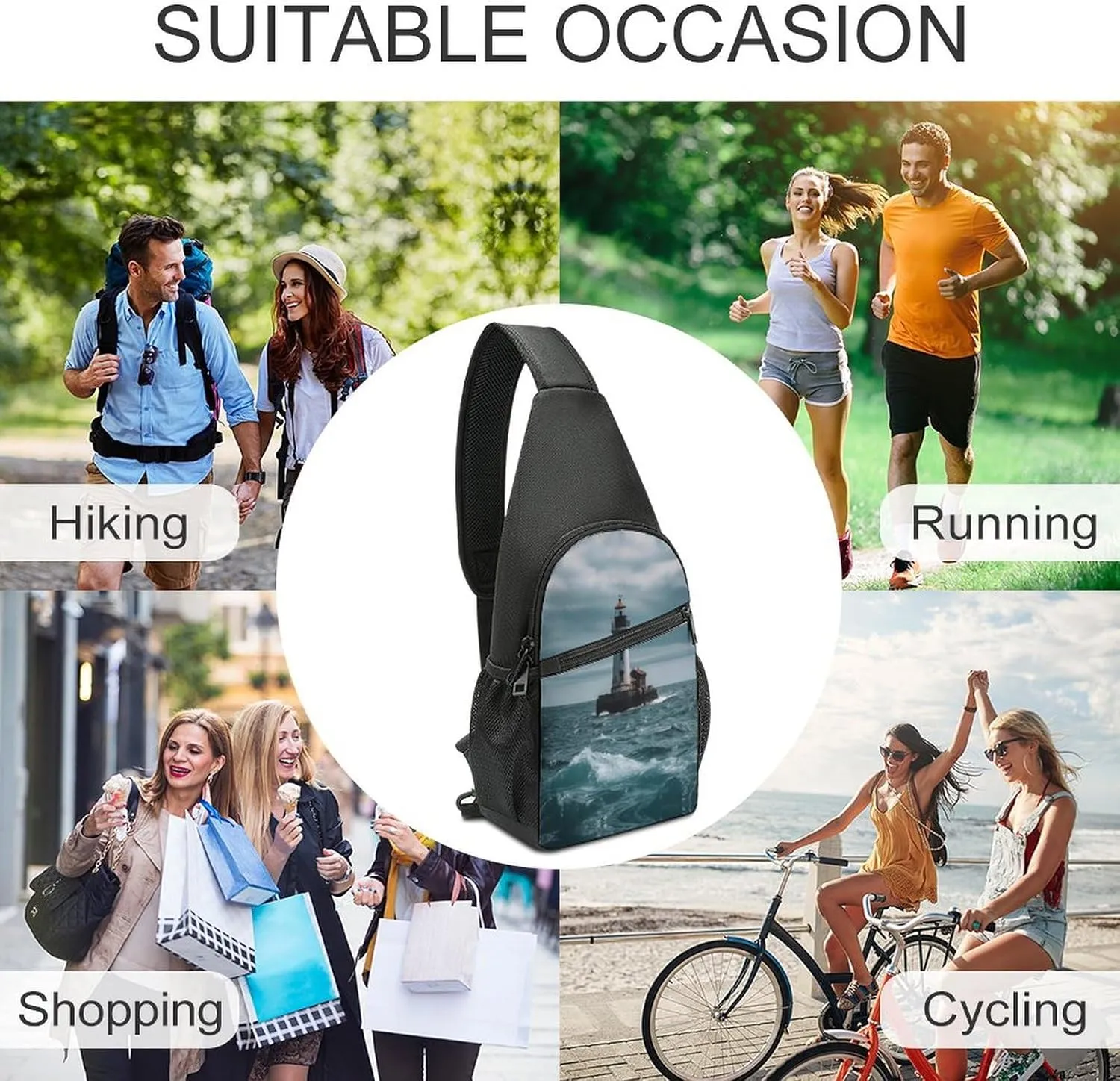 Small Sling Chest Bag Crossbody Bag for Men Women,Lighthouse Ocean Lightweight Gym Daypack for Travel Cycling Hiking