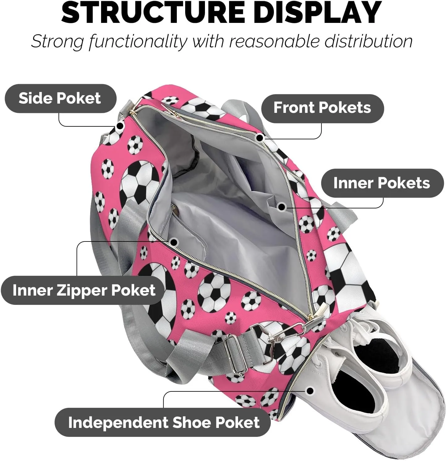 Soccer Balls Pink Personalized Duffel Bags Customized Multi-Function Travel Bag Gym Sports Bag Dance Ballet Overnight Carry On Weekend Bag