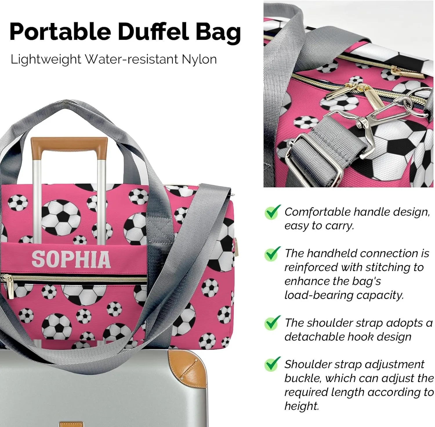 Soccer Balls Pink Personalized Duffel Bags Customized Multi-Function Travel Bag Gym Sports Bag Dance Ballet Overnight Carry On Weekend Bag