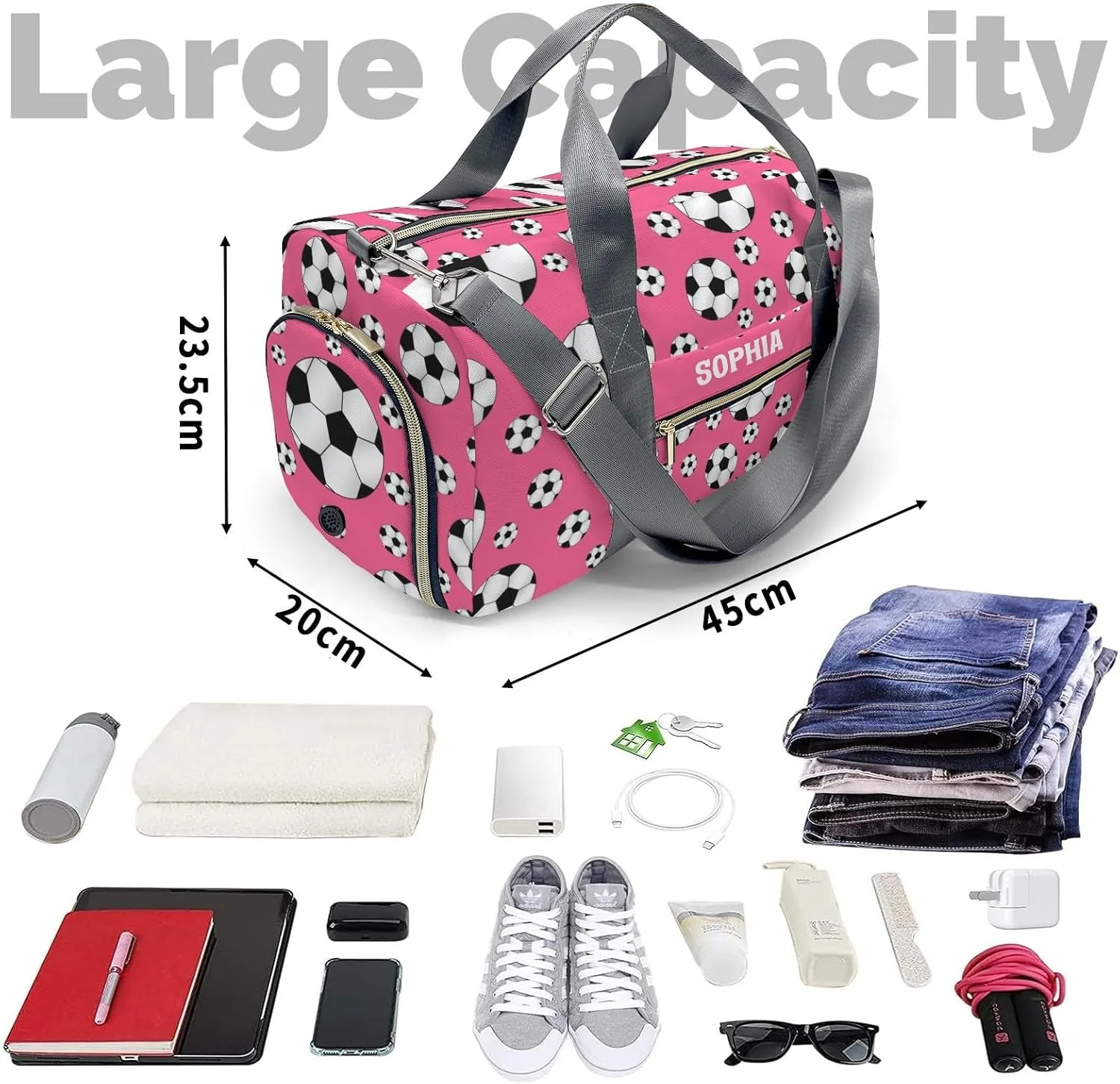 Soccer Balls Pink Personalized Duffel Bags Customized Multi-Function Travel Bag Gym Sports Bag Dance Ballet Overnight Carry On Weekend Bag