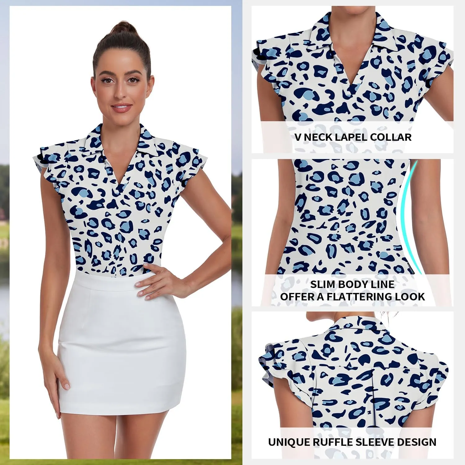 Soneven Womens Golf Shirts Ruffle Short Sleeve Polo Shirts Floral Moisture Wicking Tennis Shirts Golf Tops