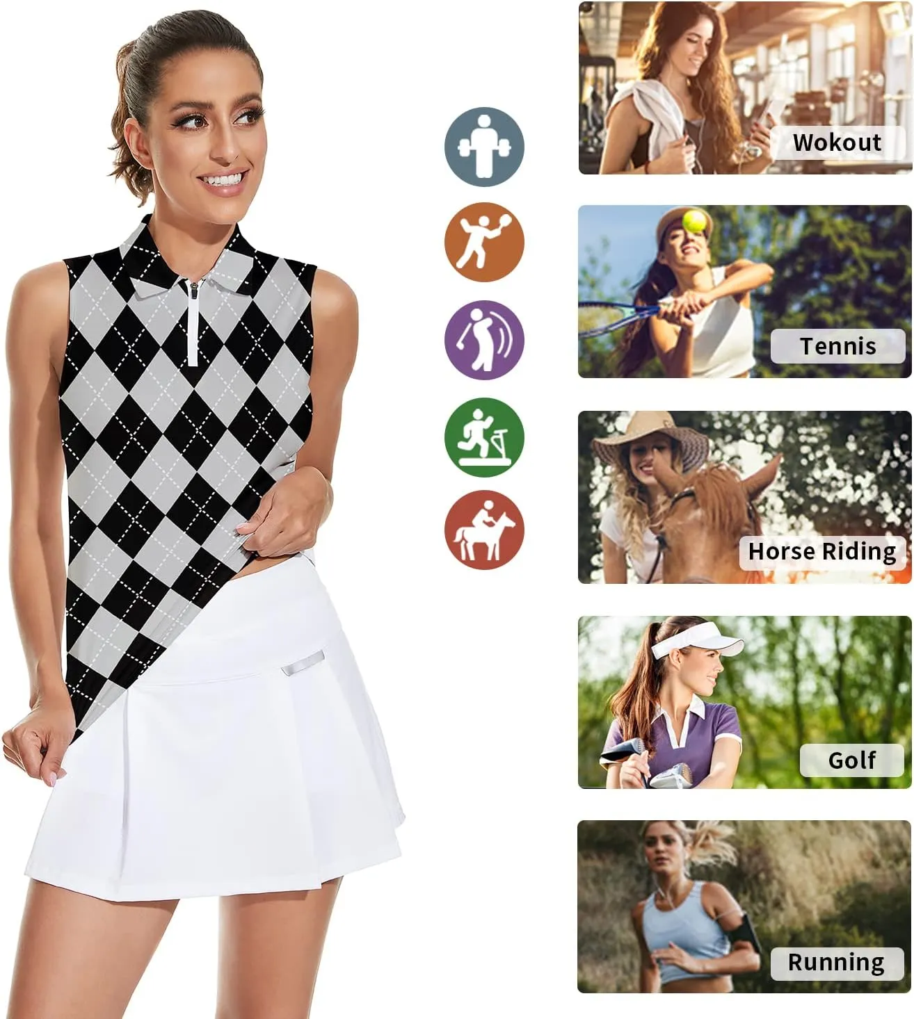Soneven Womens Sleeveless Golf Shirt Moisture Wicking Athletic Golf Tank Top Printed Polo Tennis Shirts (XS-3XL)