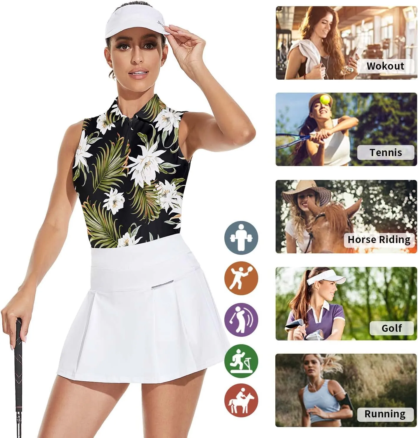 Soneven Womens Sleeveless Golf Shirt Moisture Wicking Athletic Golf Tank Top Printed Polo Tennis Shirts (XS-3XL)
