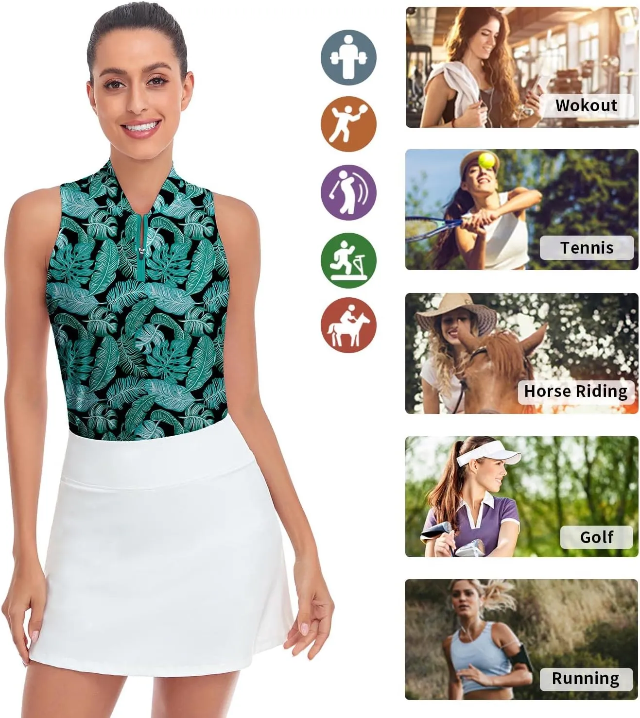 Soneven Women's Sleeveless Golf Shirts Printed Moisture Wicking V Neck Golf Polo Shirts Racerback Golf Tank Tops