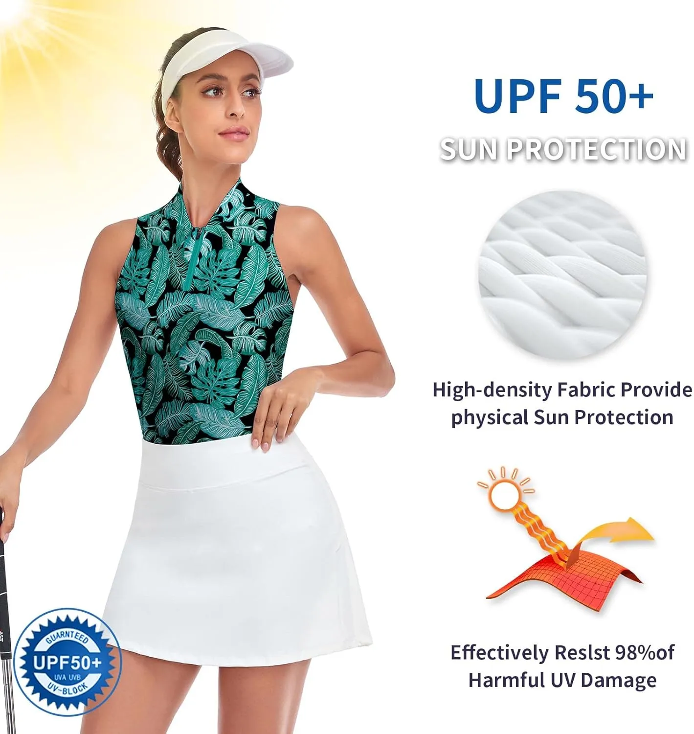 Soneven Women's Sleeveless Golf Shirts Printed Moisture Wicking V Neck Golf Polo Shirts Racerback Golf Tank Tops