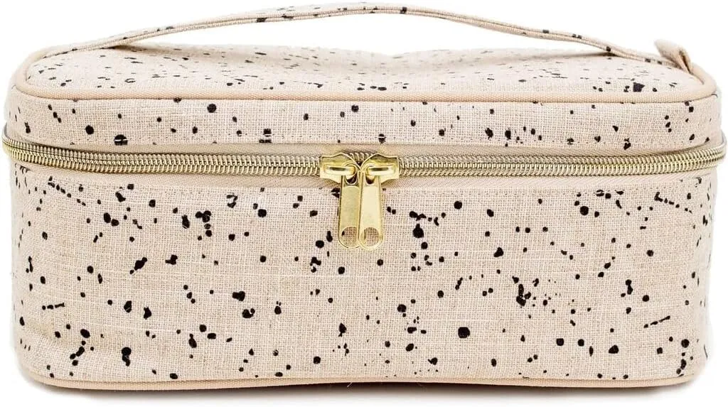 SoYoung Beauty Poche - Cosmetic Bag & Makeup Organizer for Travel, Three-Tiered, Linen/Cotton Exterior, Removable Tray, Machine Washable - Ink Splatter