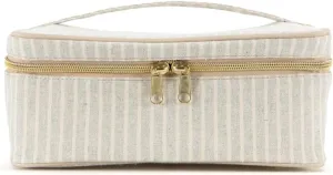 SoYoung Beauty Poche - Cosmetic Bag & Makeup Organizer for Travel, Three-Tiered, Linen/Cotton Exterior, Removable Tray, Machine Washable - Sand & Stone Beach Stripe