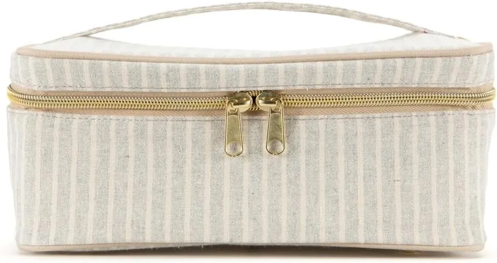 SoYoung Beauty Poche - Cosmetic Bag & Makeup Organizer for Travel, Three-Tiered, Linen/Cotton Exterior, Removable Tray, Machine Washable - Sand & Stone Beach Stripe