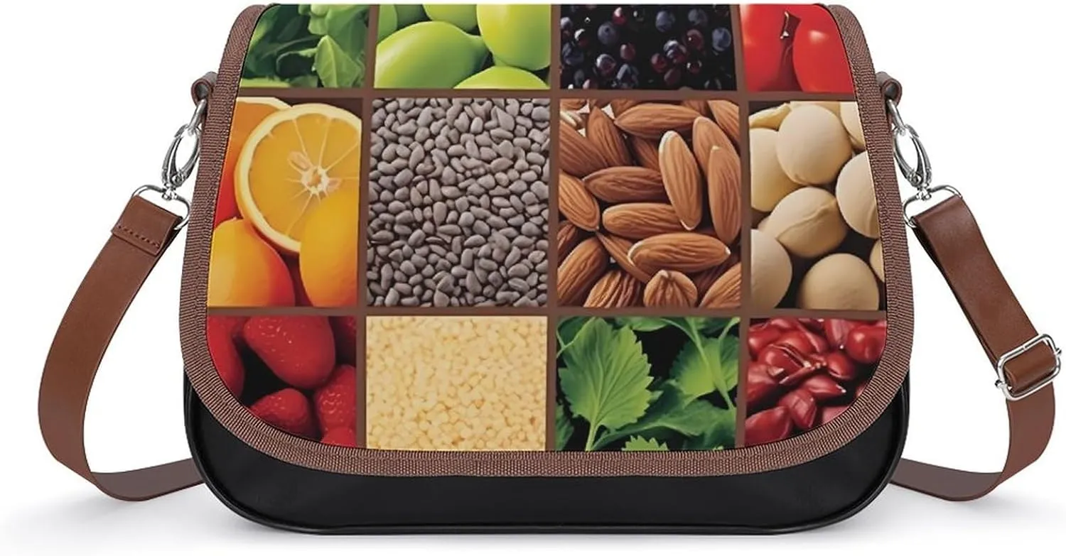 Squares of Fruits and Vegetables Eating Women‘s Crossbody Bags Fashion Message Shoulder Handbag with Adjustable Strap for Travel Office
