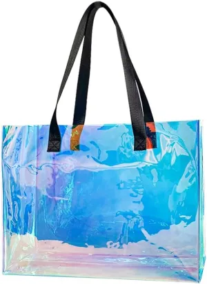Stadium Approved Blue Large Clear Tote Bag Holographic Clear PVC Shoulder Handbag with handle for Concert Stadium