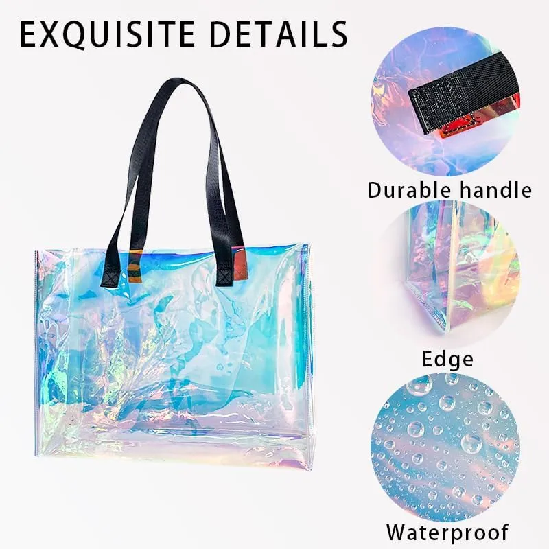 Stadium Approved Blue Large Clear Tote Bag Holographic Clear PVC Shoulder Handbag with handle for Concert Stadium