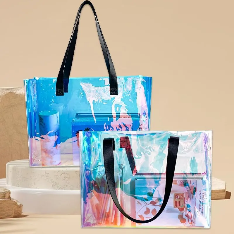 Stadium Approved Blue Large Clear Tote Bag Holographic Clear PVC Shoulder Handbag with handle for Concert Stadium
