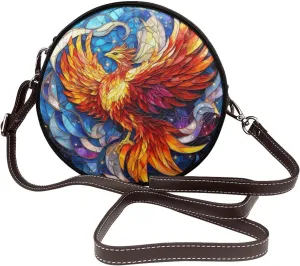 Stained Glass Red Phoenix Flying Women Round Crossbody Bags Leather Sling Bag Purse