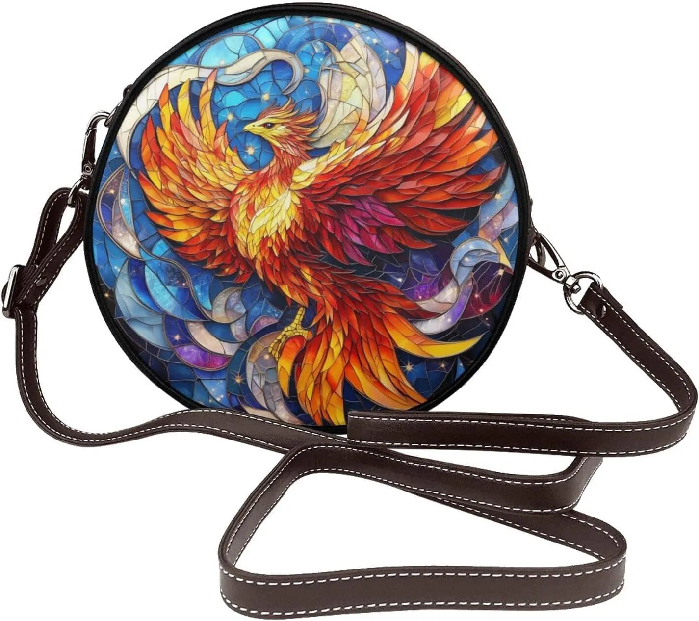 Stained Glass Red Phoenix Flying Women Round Crossbody Bags Leather Sling Bag Purse