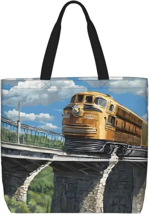 (Steam Train) Lightweight Portable Tote Bags Reusable Shoulder Bags For Men Women Shopping Travel Work Daily Use