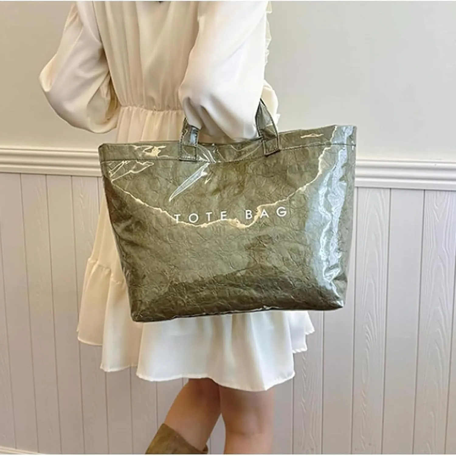 Stellaya Womens Letters Print Tote Bag, Women's PVC Kraft Paper Tote Bag, Stellaya Letter Print PVC Kraft Paper