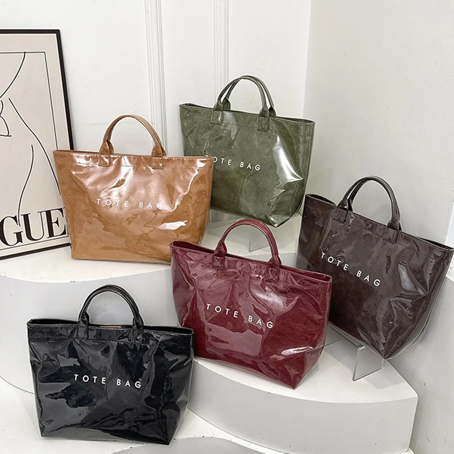 Stellaya Womens Letters Print Tote Bag, Women's PVC Kraft Paper Tote Bag, Stellaya Letter Print PVC Kraft Paper