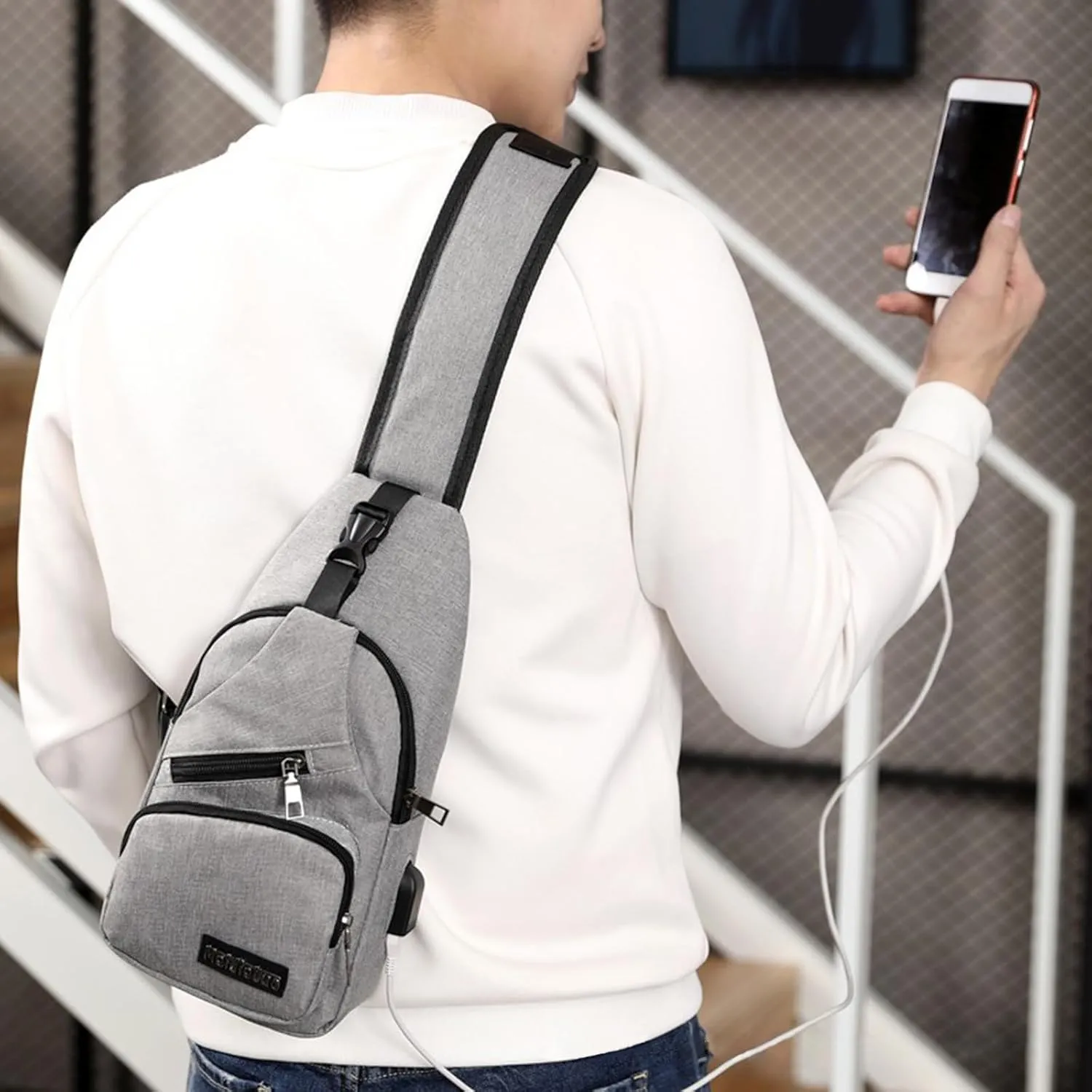Strap Bag Crossbody Backpack Shoulder Bag With USB Recharge Sling Crossbody Backpack Sling Bag for Men Women Chest Bag (Gray)