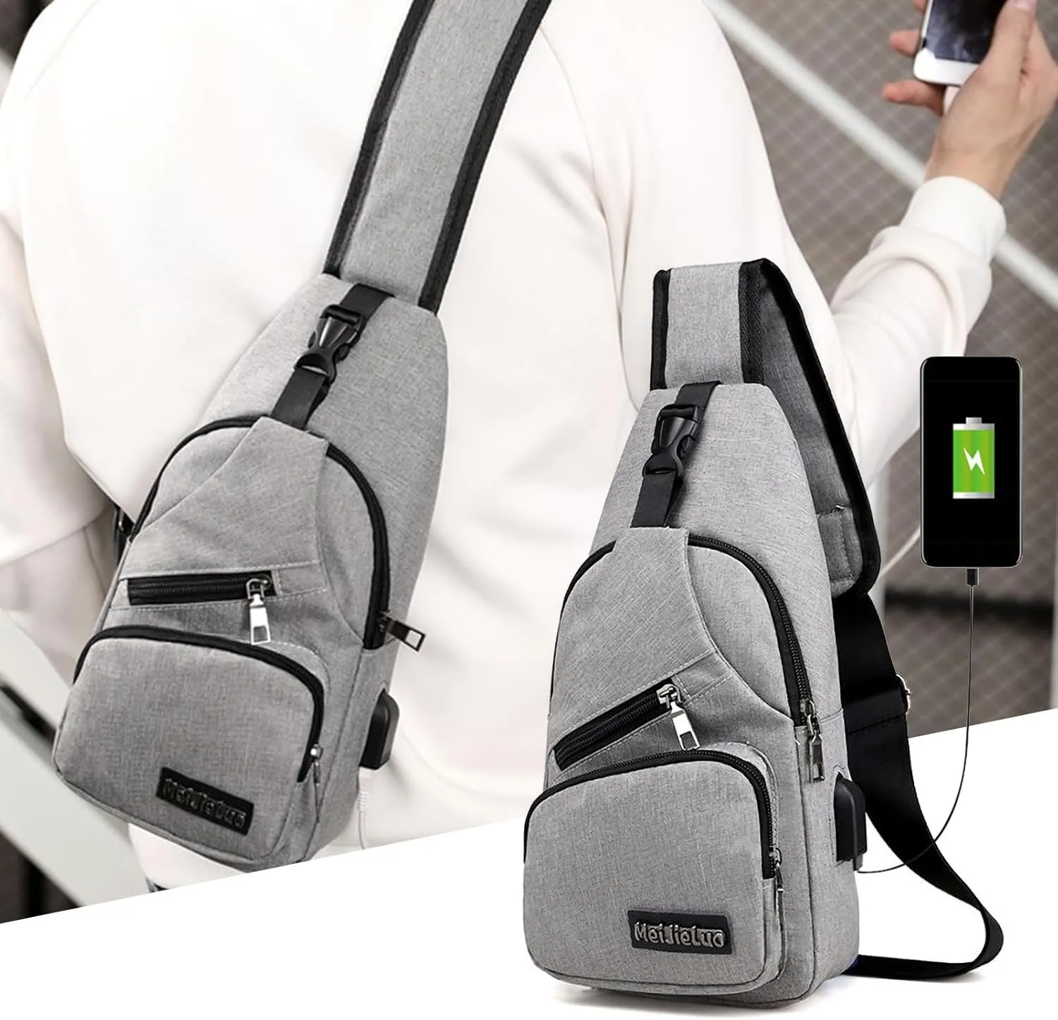Strap Bag Crossbody Backpack Shoulder Bag With USB Recharge Sling Crossbody Backpack Sling Bag for Men Women Chest Bag (Gray)