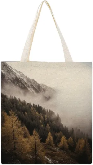 Stylish Shoulder Bag, Trees And Mountain by Fog Print Reusable Grocery Bag Large Canvas Tote Versatile Handbag All-purpose Tote