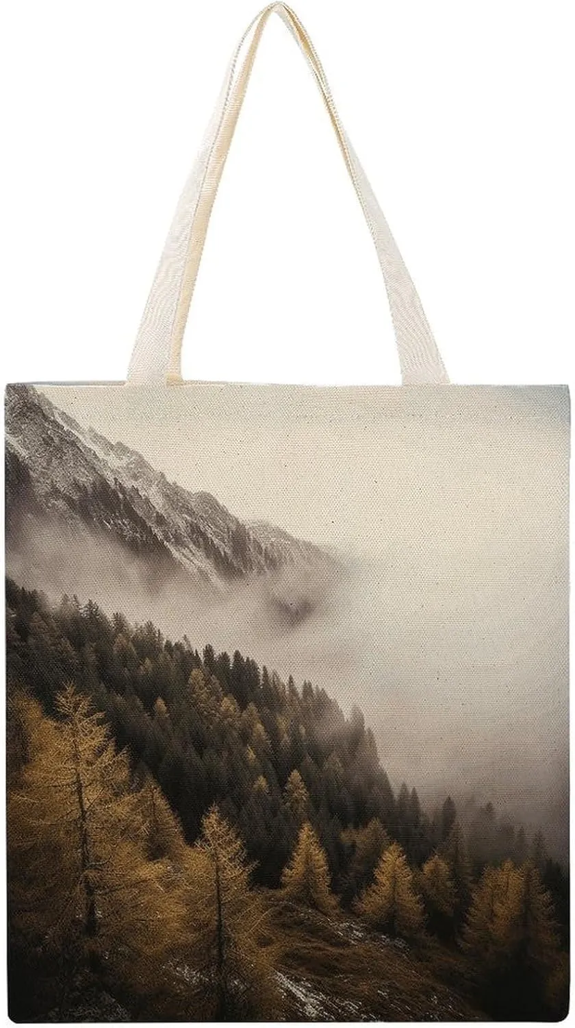 Stylish Shoulder Bag, Trees And Mountain by Fog Print Reusable Grocery Bag Large Canvas Tote Versatile Handbag All-purpose Tote