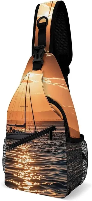 Sunset Seascape Sailboat Floating Crossbody Bags Mini Sling Bag Fanny Chest Bag Travel Daypack Sling Backpack for Men Women
