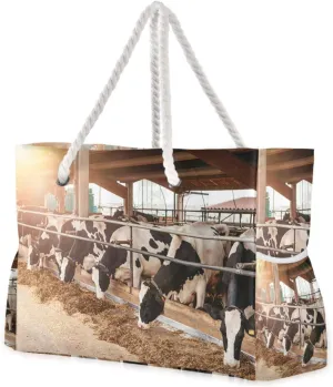 susiyo Large Beach Shoulder Bags Calf Cow Cattle Breeds in Farm Beach Travel Tote Bag with Zipper