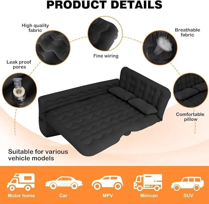 SUV Air Mattress Car Camping Bed - Inflatable Thickened and Double Car Air Mattress Bed with Air Pump Portable Foldable Car Air Bed Mattress for Home Car Travel Camping-(Black)