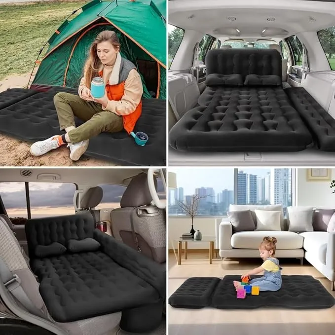 SUV Air Mattress Car Camping Bed - Inflatable Thickened and Double Car Air Mattress Bed with Air Pump Portable Foldable Car Air Bed Mattress for Home Car Travel Camping-(Black)