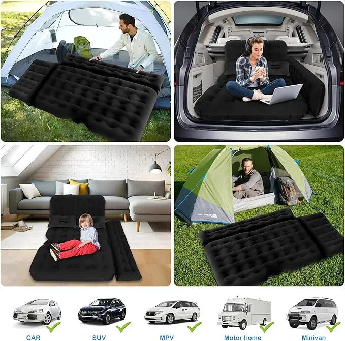 SUV Air Mattress - Thickened and Double Car Air Mattress Sided Flocking Travel Inflatable Car Mattress Bed with Electric Air Pump and 2 Pillows, Car Sleeping Bed for Home Outdoor and Travel-Black