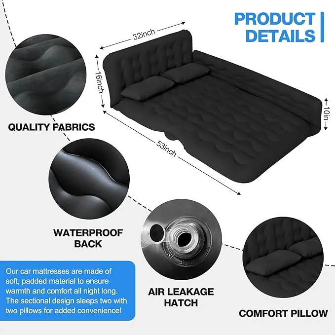 SUV Air Mattress - Thickened and Double Car Air Mattress Sided Flocking Travel Inflatable Car Mattress Bed with Electric Air Pump and 2 Pillows, Car Sleeping Bed for Home Outdoor and Travel-Black