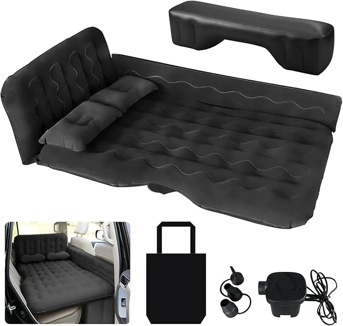 SUV Air Mattress - Thickened and Double Car Air Mattress Sided Flocking Travel Inflatable Car Mattress Bed with Electric Air Pump and 2 Pillows, Car Sleeping Bed for Home Outdoor and Travel-Black